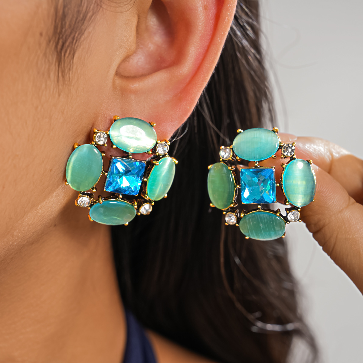 Opal Earrings Dangle - Vintage Blue Opal Stud Earrings for