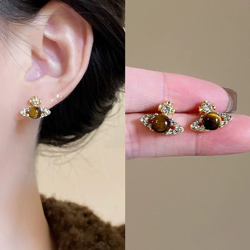 Opal Earrings Dangle - Fashion Tiger Eye Stone Saturn Stud