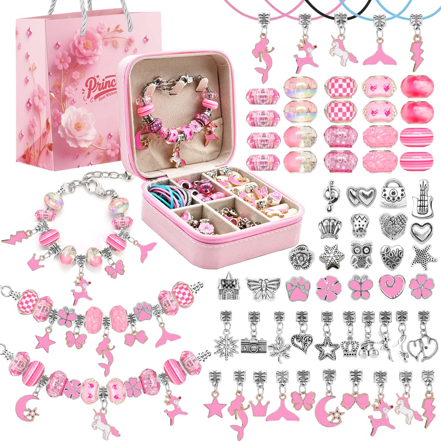 Charm Bracelet Beads - 68pcs Pink Beaded Jewelry Set, Charm