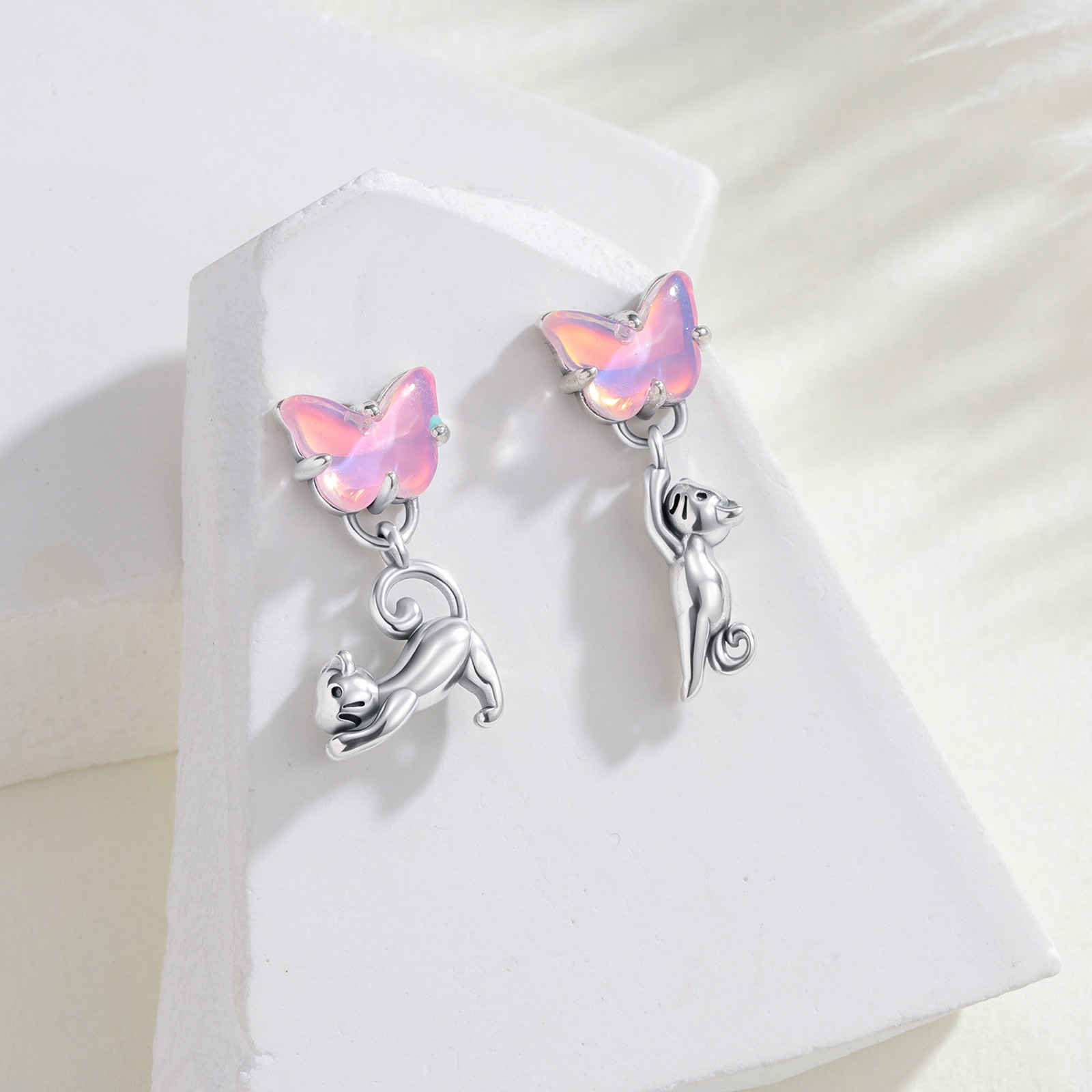 925 Sterling Silver Cat & Butt - Opal Earrings Dangle review and price