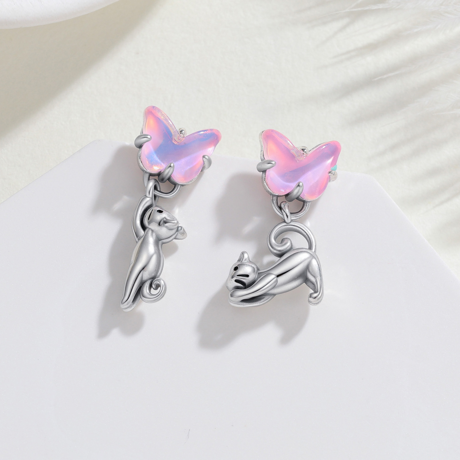 925 Sterling Silver Cat & Butt - Opal Earrings Dangle review and price